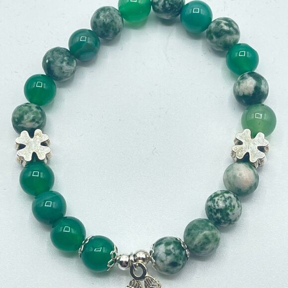 Lucky charm green aventurine tree agate beaded stretch bracelet ONE NEW Irish fo - Picture 7 of 8